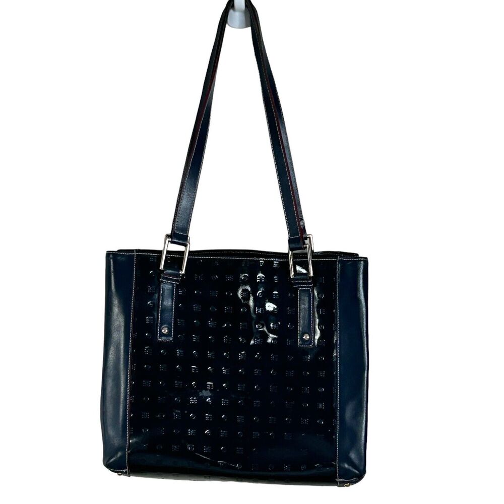 Arcadia Patent Leather Embossed Shoulder Bag Navy Blue Italy Double Handles